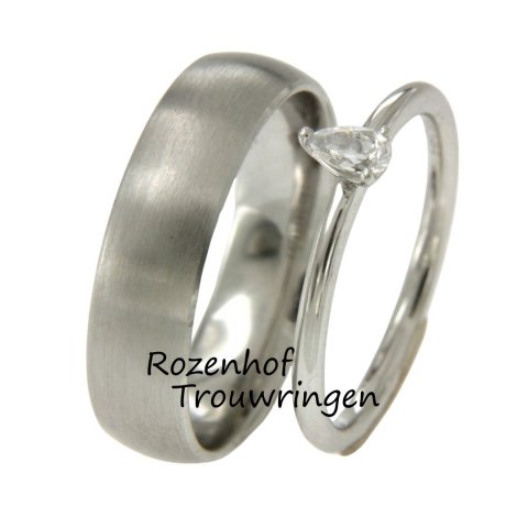 Witgouden trouwringen met matte herenring en smalle damesring met diamant (13217-7848)
