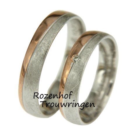 Bicolor trouwringen set met gepolijste en matte kant en diamant (15769-15770)
