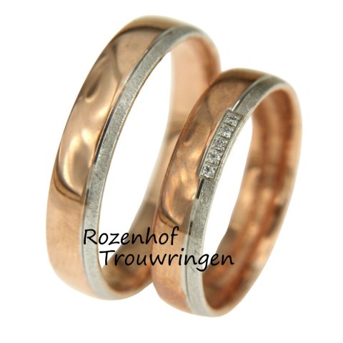 Bicolor trouwringen set met moderne look en diamanten (15773-15774)