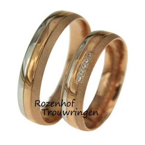 Unieke bicolor trouwringen set met bewerking en diamanten (15775-15776)
