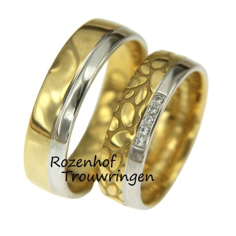 Bicolor trouwringen set met uniek design en diamanten (15793-15794)