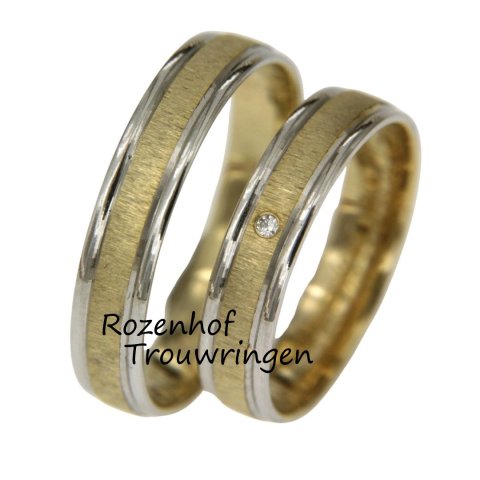 Bicolor trouwringen set met elegante afwerking en diamant (15863-15864)