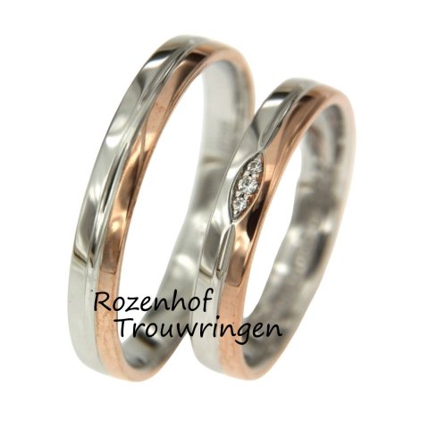 Smalle bicolor trouwringen set met diamanten (15883-15884)