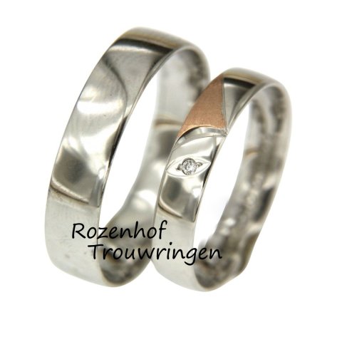 Strakke bicolor trouwringen set met diamant (15887-15888)