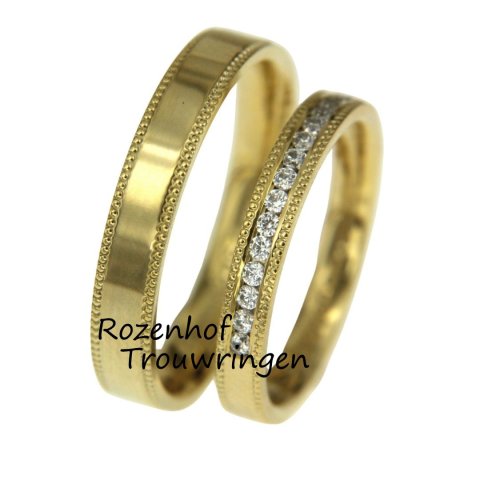 Geelgouden trouwringen set met parelranden en diamanten (15905-15906)