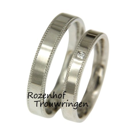 Gepolijste witgouden trouwringen set met parelrand en diamant (15907-15908)
