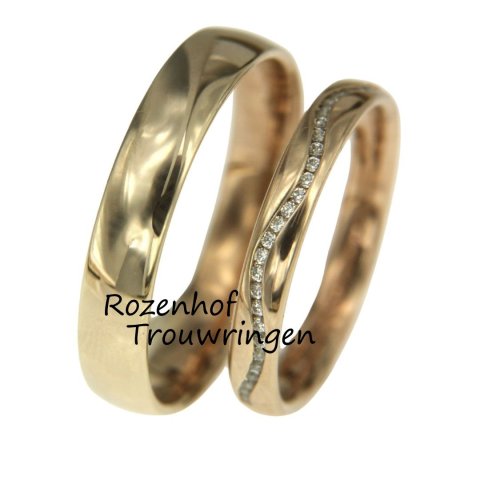 Gepolijste trouwringen set met golvende diamanten lijn (15953-15954)