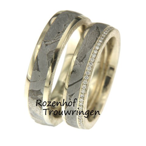Luxe witgouden trouwringen met meteoriet en diamanten (2569-2570)