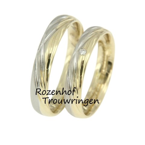 Unieke bicolor trouwringen set met diamant (5641-5642)