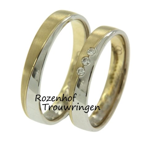 Bicolor trouwringen set met matte en gepolijste afwerking en diamanten (6287-6288)