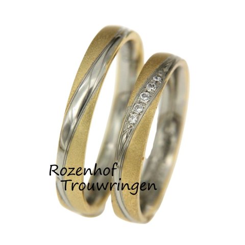 Smalle bicolor trouwringen set met unieke afwerking (70665-70666)