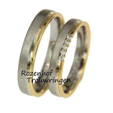 Bicolor trouwringen set met gepolijste rand en diamanten (70669-70670)
