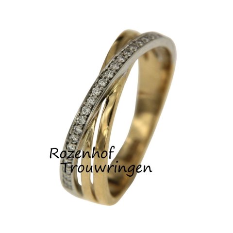 Geelgouden dames trouwring of verlovingsring met kruisende diamantlijn (90127)