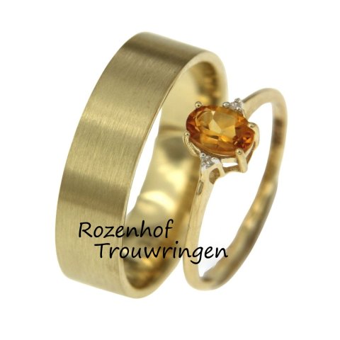 Matching trouwringen met matte herenring en schitterende damesring met citrien en diamanten (90165-5702)