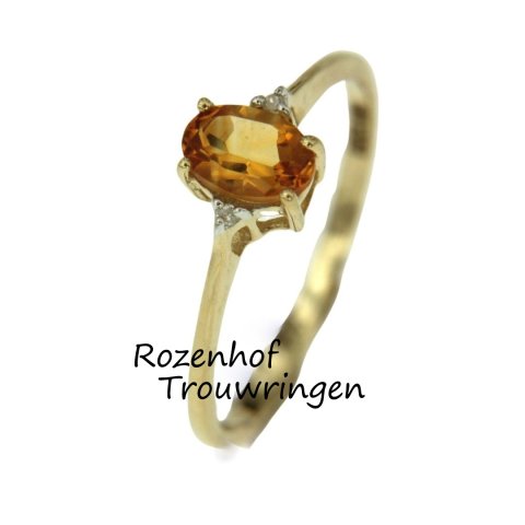 Smalle geelgouden damesring met beeldige citrien en diamanten (90165)