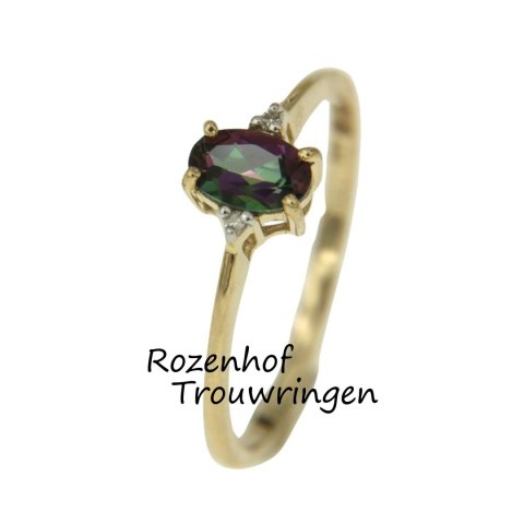 Prachtige geelgouden damesring met mystic green topaas en diamanten (90173)
