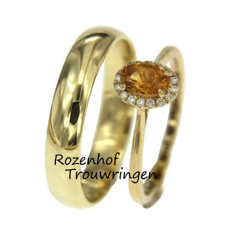 Mooie geelgouden klassieke herenring en schitterende damesring met citrien en diamanten (90429-70072-4)